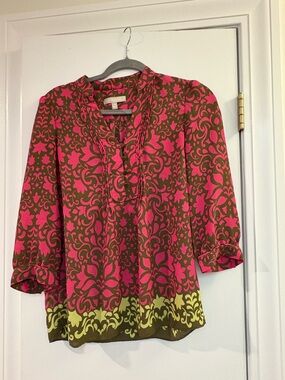 Banana Republic Pink and Olive Border-Print Tunic Top